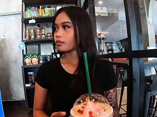Starbucks coffee slot hither Asian nubile